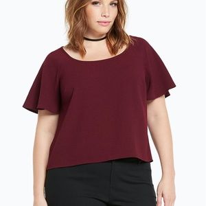 Torrid Maroon Burgundy crepe flutter sleeve crop top shirt